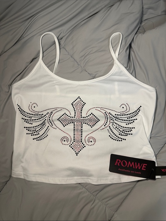 ROMWE Tops - ROMWE White Rhinestone Wing Cross Spaghetti Strap Cropped Camisole